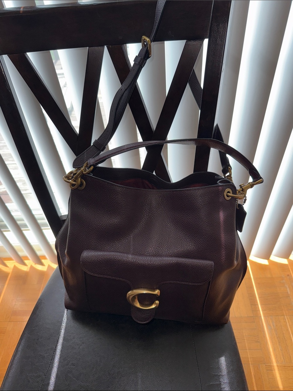 Coach Leather Shoulder Bag in Deep Plum with Gold Hardware